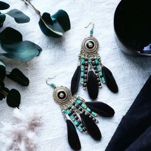 Feather Boho Earrings Boho Turquoise Onyx